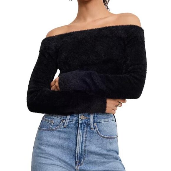Good American Fuzzy Off-the-Shoulder Black Cropped Sweater Top NWT L - Picture 3 of 5